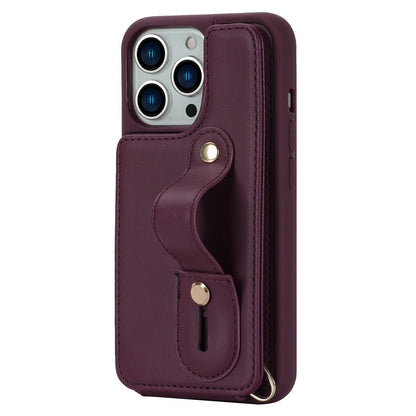 For iPhone 14 Pro Max Wristband Kickstand Phone Case Leather+TPU Cover with Card Holder