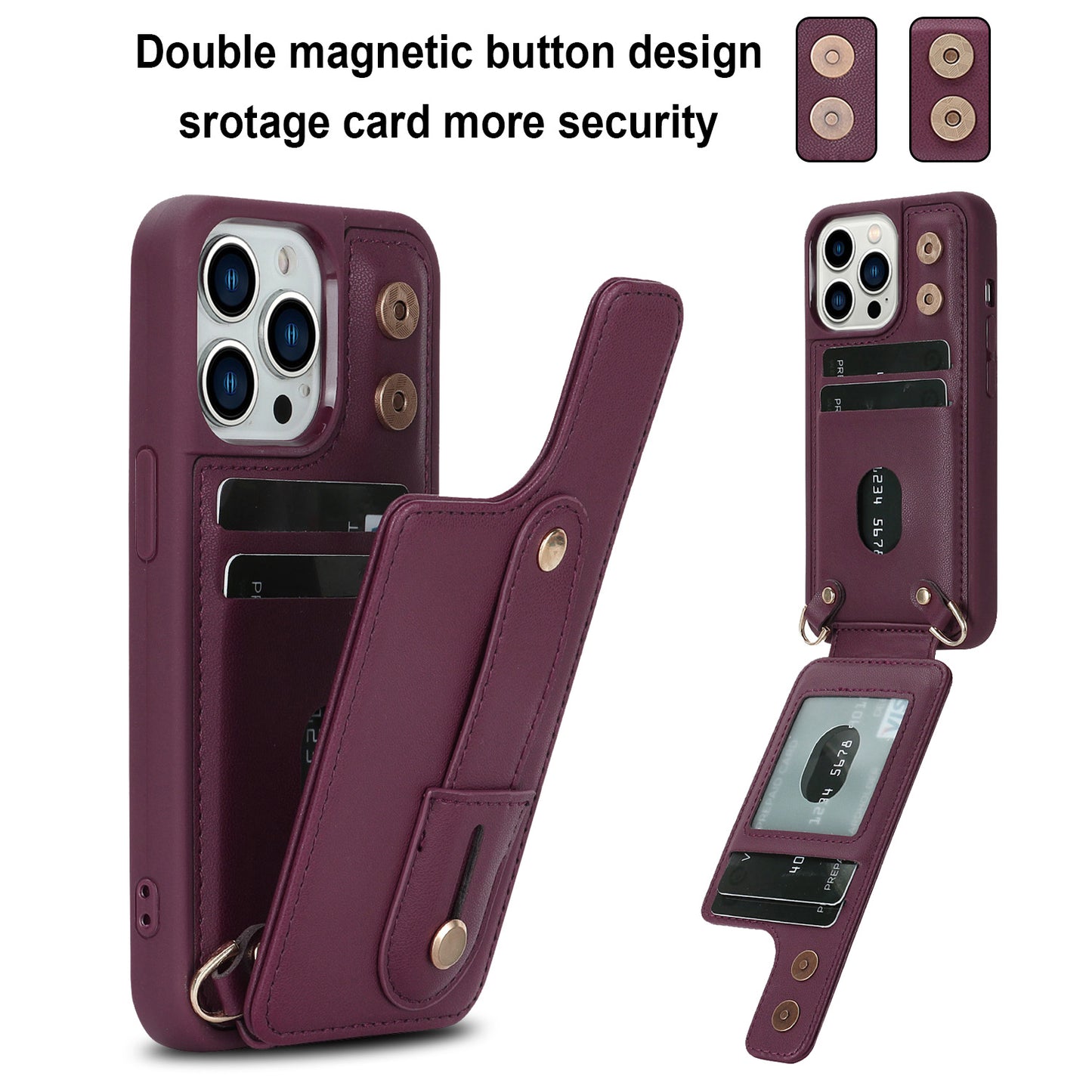 For iPhone 14 Pro Max Wristband Kickstand Phone Case Leather+TPU Cover with Card Holder