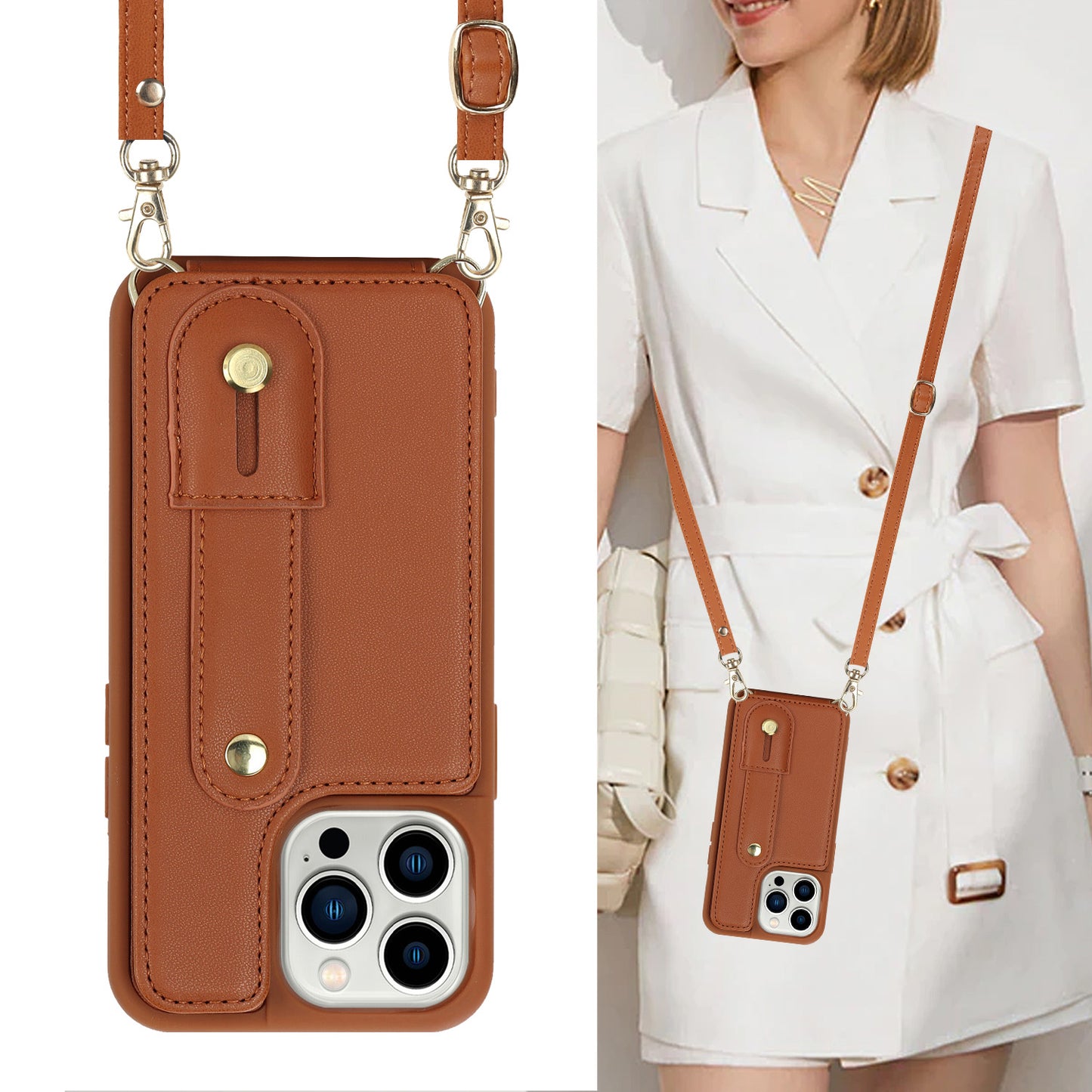 For iPhone 14 Pro Max Wristband Kickstand Phone Case Leather+TPU Cover with Card Holder