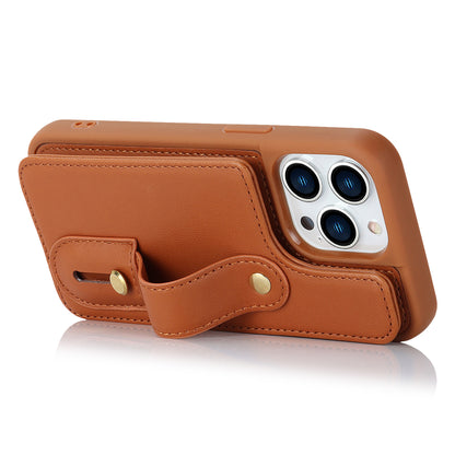 For iPhone 14 Pro Max Wristband Kickstand Phone Case Leather+TPU Cover with Card Holder