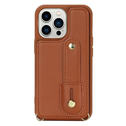 For iPhone 14 Pro Max Wristband Kickstand Phone Case Leather+TPU Cover with Card Holder
