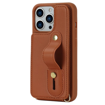 For iPhone 14 Pro Max Wristband Kickstand Phone Case Leather+TPU Cover with Card Holder