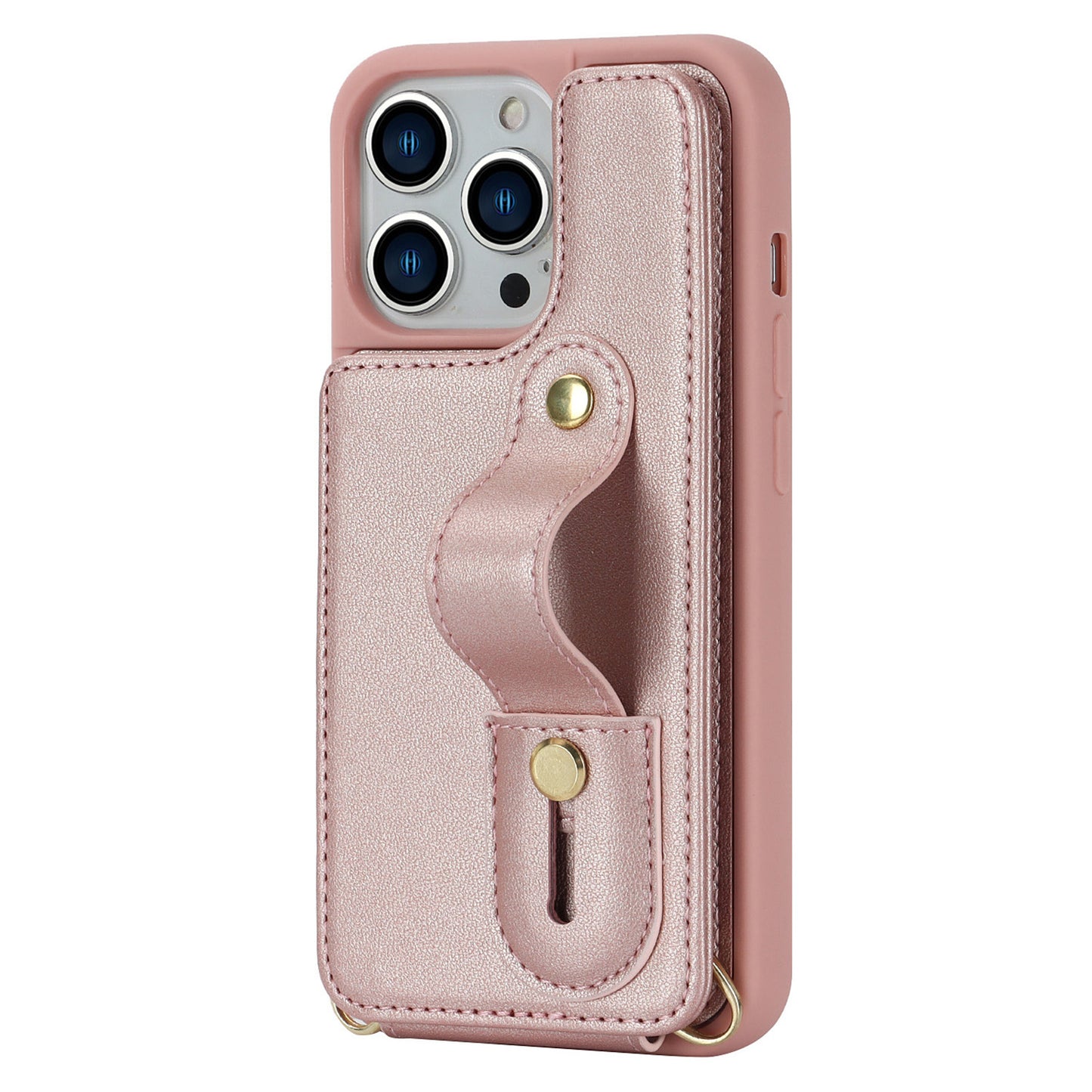 For iPhone 14 Pro Max Wristband Kickstand Phone Case Leather+TPU Cover with Card Holder