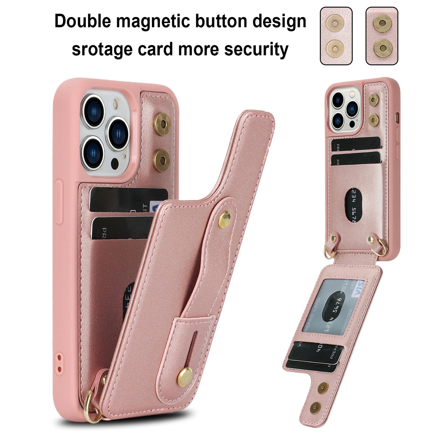 For iPhone 14 Pro Max Wristband Kickstand Phone Case Leather+TPU Cover with Card Holder
