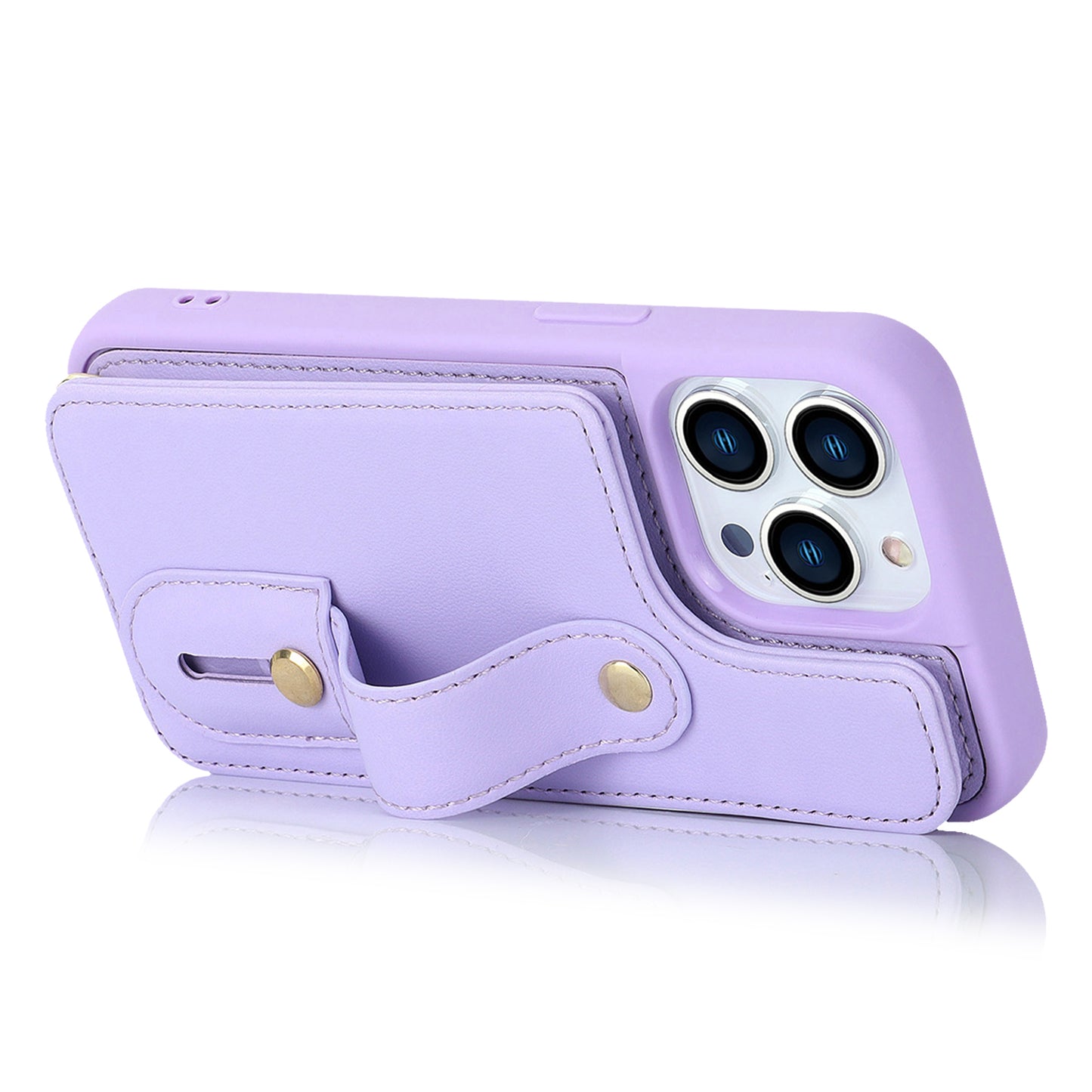 For iPhone 14 Pro Max Wristband Kickstand Phone Case Leather+TPU Cover with Card Holder