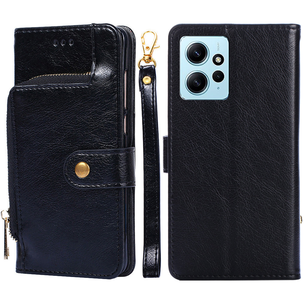 For Xiaomi Redmi Note 12 4G Zipper Pocket Leather Phone Case Wallet Stand Drop-proof Cover with Strap