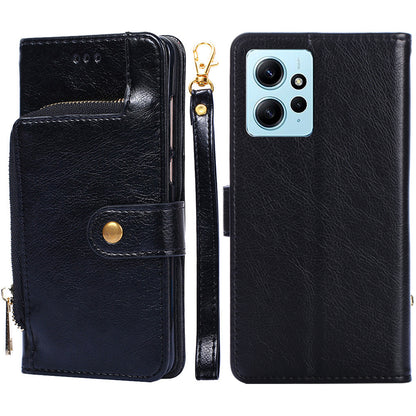 For Xiaomi Redmi Note 12 4G Zipper Pocket Leather Phone Case Wallet Stand Drop-proof Cover with Strap