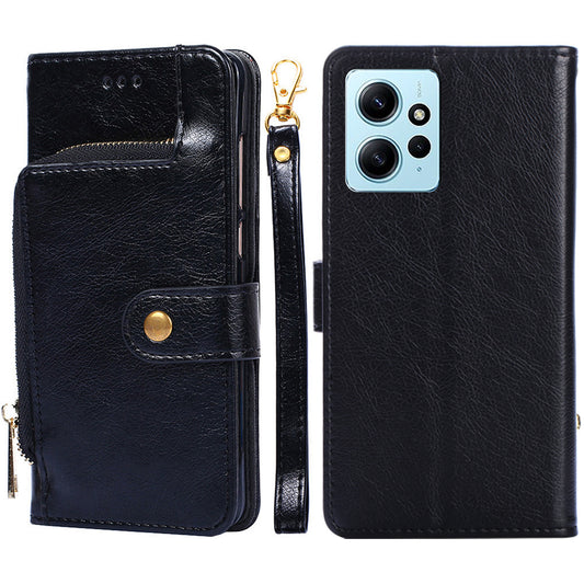 For Xiaomi Redmi Note 12 4G Zipper Pocket Leather Phone Case Wallet Stand Drop-proof Cover with Strap