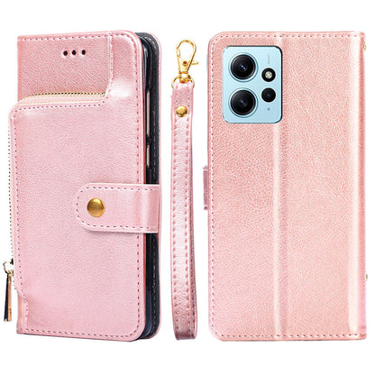 For Xiaomi Redmi Note 12 4G Zipper Pocket Leather Phone Case Wallet Stand Drop-proof Cover with Strap