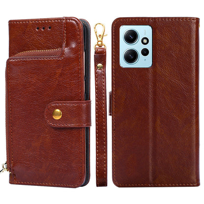 For Xiaomi Redmi Note 12 4G Zipper Pocket Leather Phone Case Wallet Stand Drop-proof Cover with Strap