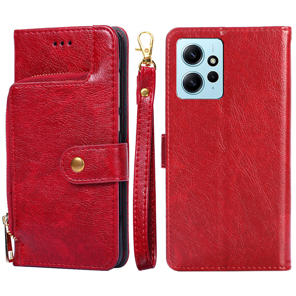 For Xiaomi Redmi Note 12 4G Zipper Pocket Leather Phone Case Wallet Stand Drop-proof Cover with Strap