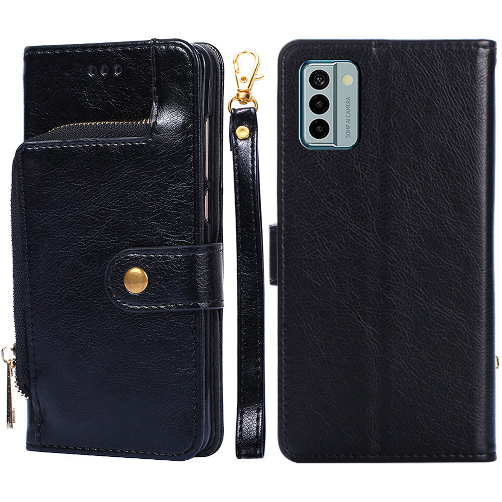 For Nokia G22 Zipper Pocket Scratch Resistant PU Leather Phone Case Wallet Stand Cover with Strap