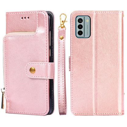 For Nokia G22 Zipper Pocket Scratch Resistant PU Leather Phone Case Wallet Stand Cover with Strap