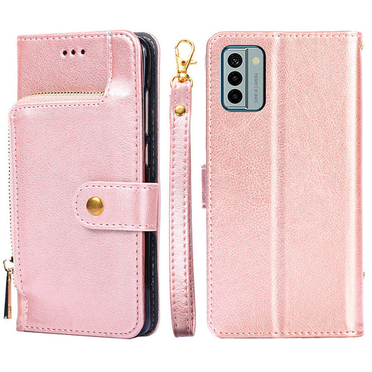For Nokia G22 Zipper Pocket Scratch Resistant PU Leather Phone Case Wallet Stand Cover with Strap