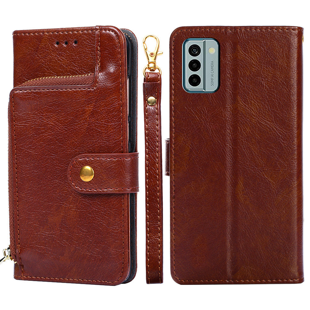For Nokia G22 Zipper Pocket Scratch Resistant PU Leather Phone Case Wallet Stand Cover with Strap