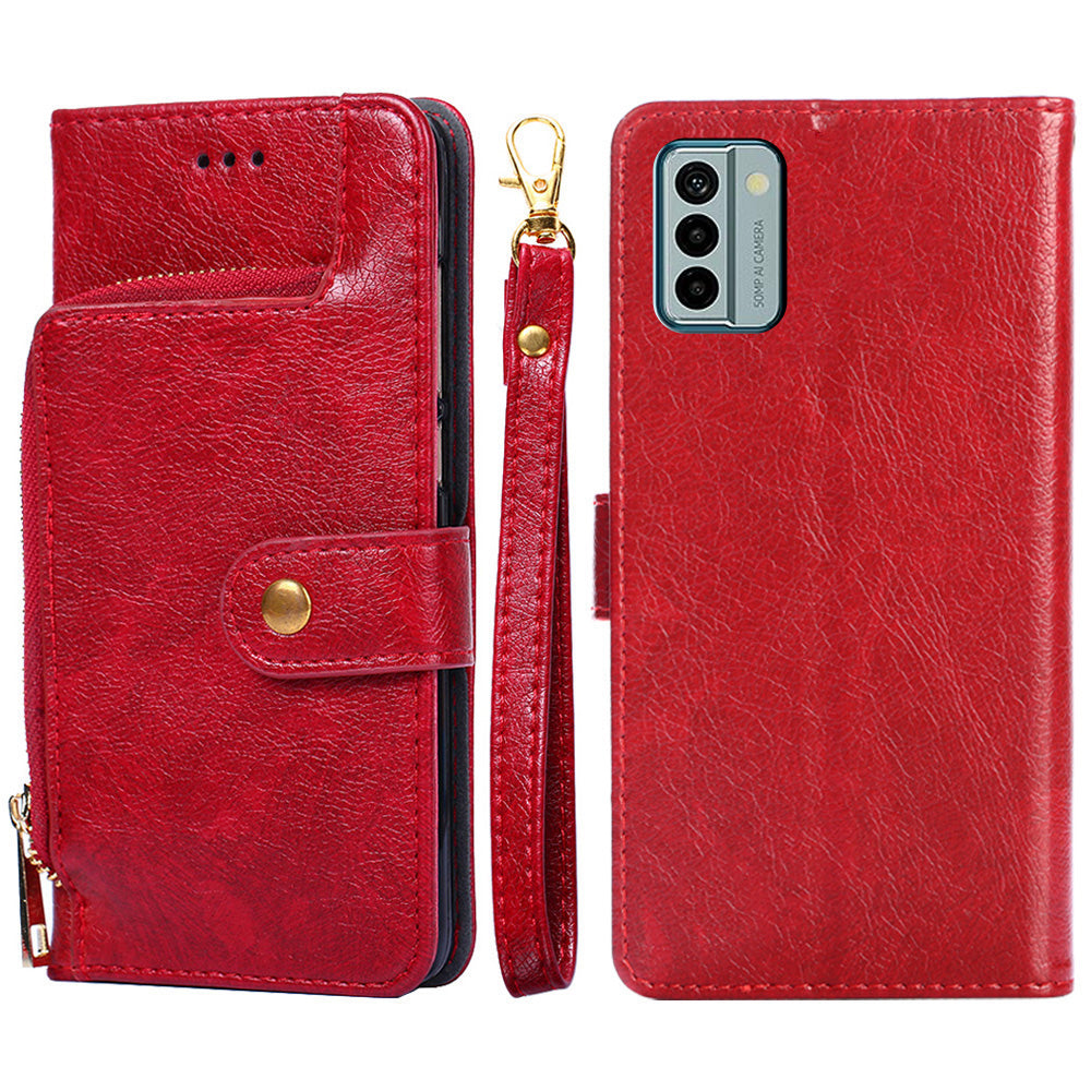 For Nokia G22 Zipper Pocket Scratch Resistant PU Leather Phone Case Wallet Stand Cover with Strap