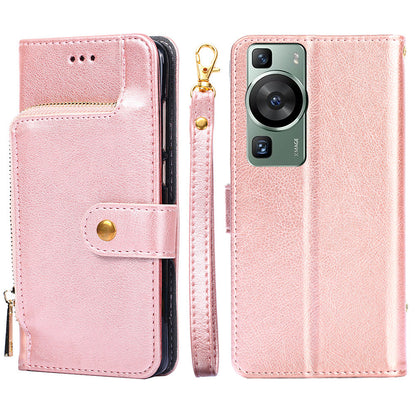 Phone Case for Huawei P60 / P60 Pro Zipper Pocket PU Leather Wallet Stand Cover with Strap