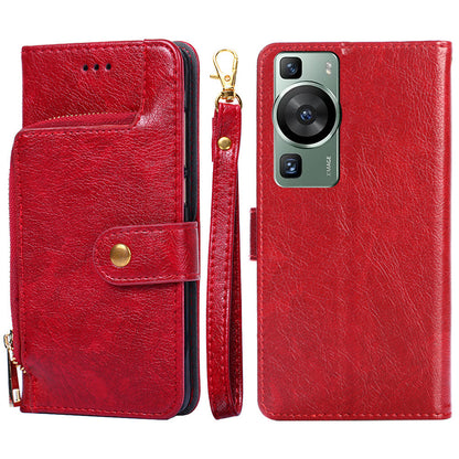 Phone Case for Huawei P60 / P60 Pro Zipper Pocket PU Leather Wallet Stand Cover with Strap