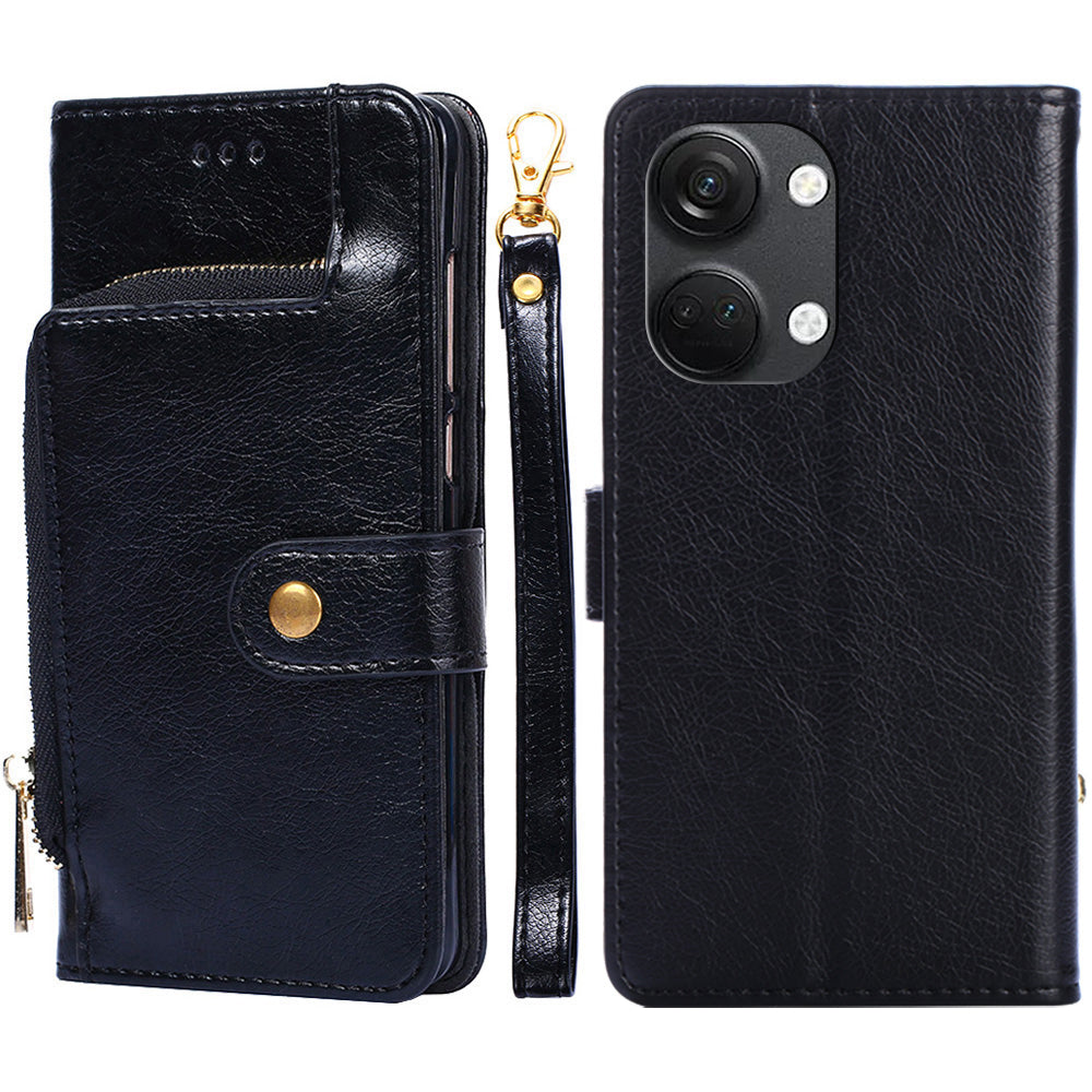 Phone Case for OnePlus Nord 3 5G / Ace 2V 5G Zipper Pocket PU Leather Wallet Foldable Stand Cover with Strap