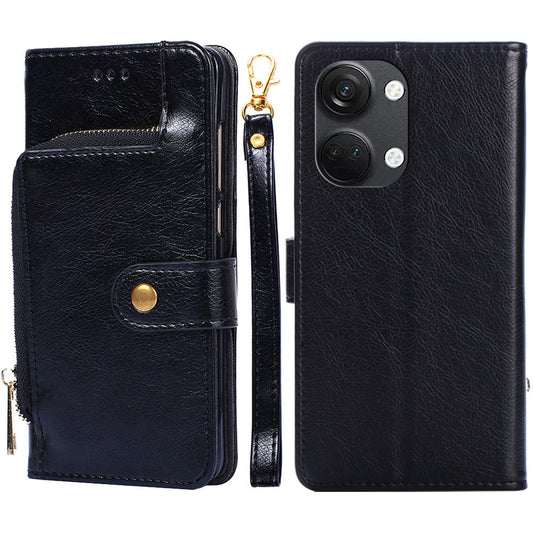 Phone Case for OnePlus Nord 3 5G / Ace 2V 5G Zipper Pocket PU Leather Wallet Foldable Stand Cover with Strap