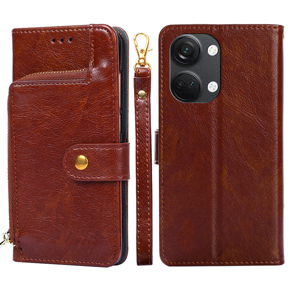 Phone Case for OnePlus Nord 3 5G / Ace 2V 5G Zipper Pocket PU Leather Wallet Foldable Stand Cover with Strap