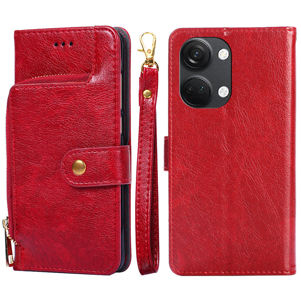Phone Case for OnePlus Nord 3 5G / Ace 2V 5G Zipper Pocket PU Leather Wallet Foldable Stand Cover with Strap
