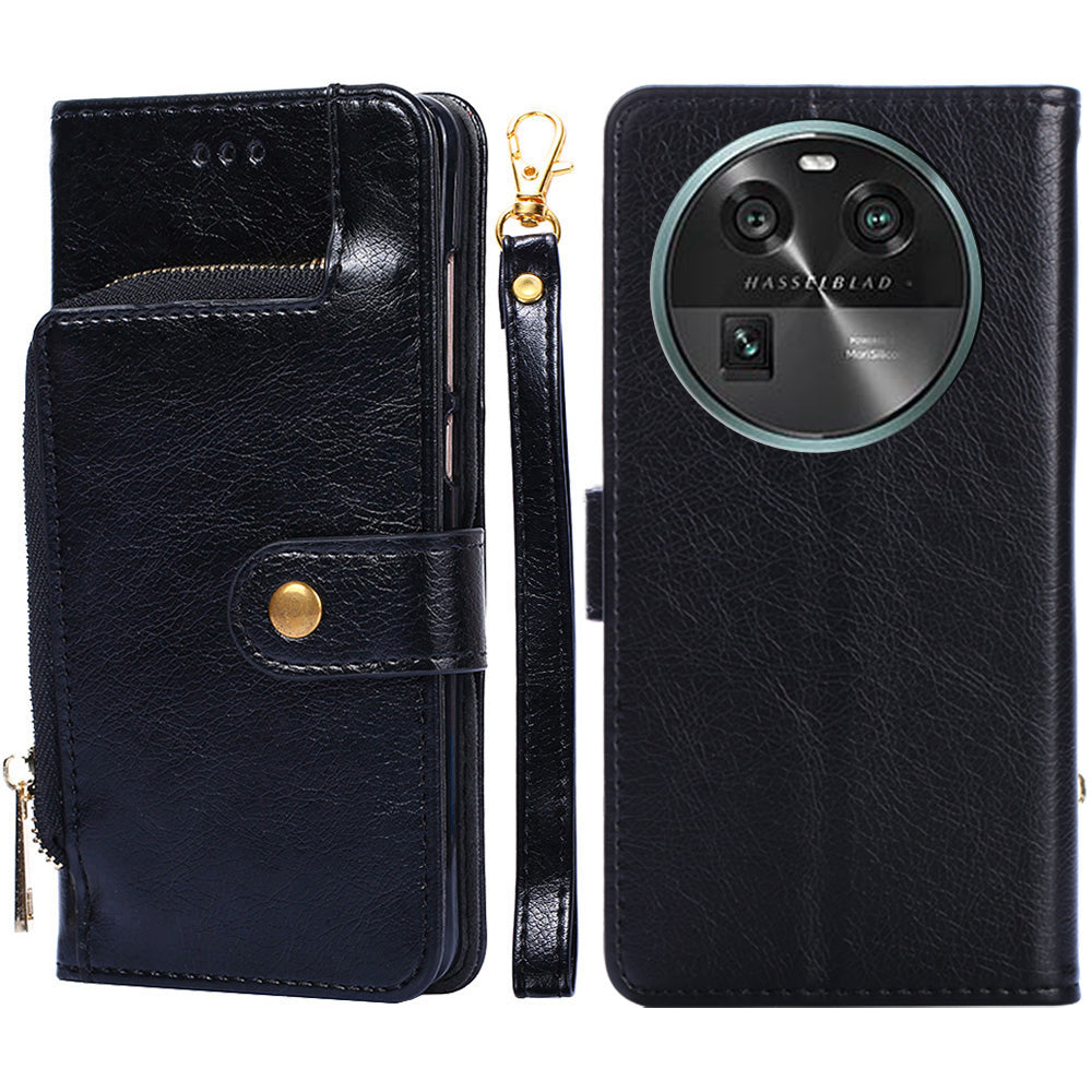 Phone Case for Oppo Find X6 Zipper Pocket Wallet Horizontal Stand PU Leather Cover with Strap