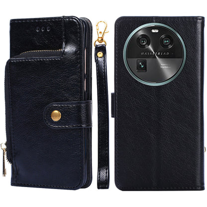 Phone Case for Oppo Find X6 Zipper Pocket Wallet Horizontal Stand PU Leather Cover with Strap