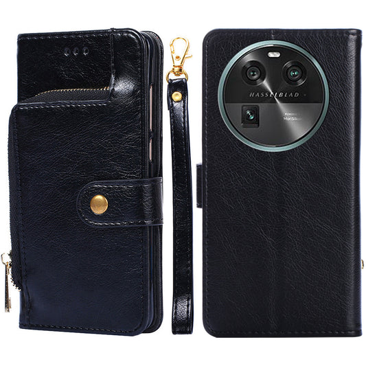 Phone Case for Oppo Find X6 Zipper Pocket Wallet Horizontal Stand PU Leather Cover with Strap