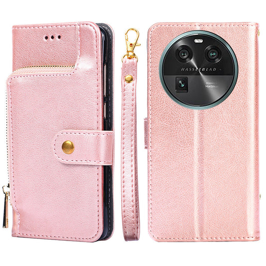 Phone Case for Oppo Find X6 Zipper Pocket Wallet Horizontal Stand PU Leather Cover with Strap