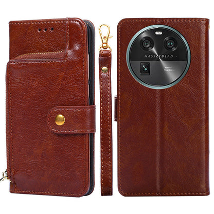 Phone Case for Oppo Find X6 Zipper Pocket Wallet Horizontal Stand PU Leather Cover with Strap