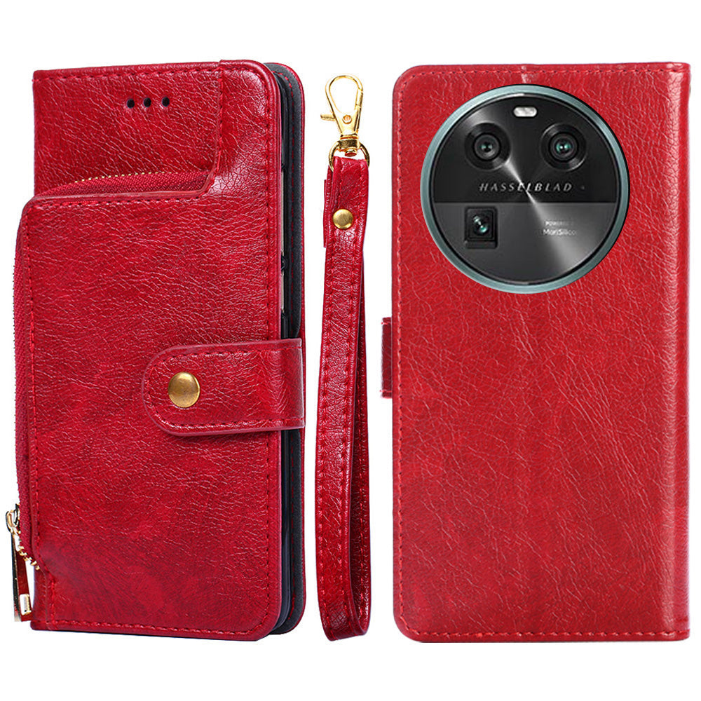 Phone Case for Oppo Find X6 Zipper Pocket Wallet Horizontal Stand PU Leather Cover with Strap