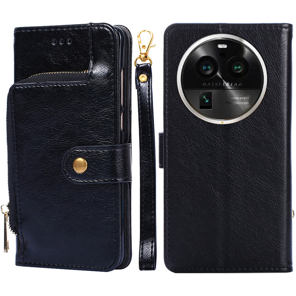 Wallet Case for Oppo Find X6 Pro Zipper Pocket PU Leather Horizontal Stand Phone Cover with Strap
