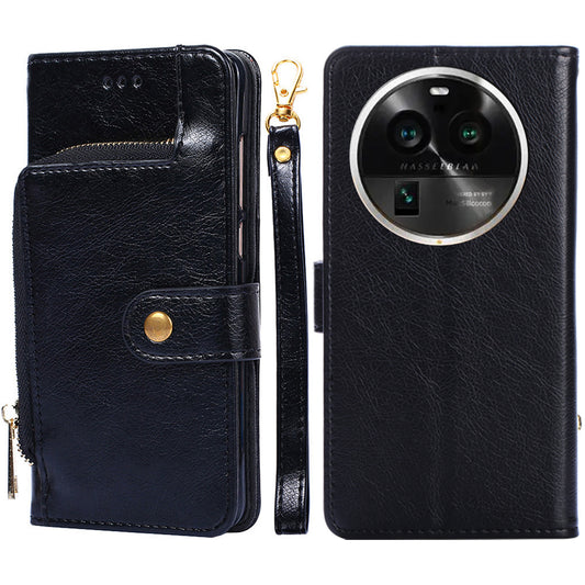 Wallet Case for Oppo Find X6 Pro Zipper Pocket PU Leather Horizontal Stand Phone Cover with Strap