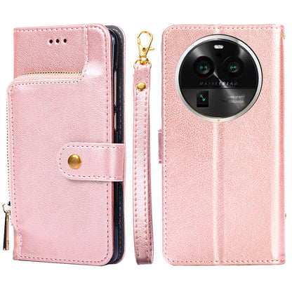 Wallet Case for Oppo Find X6 Pro Zipper Pocket PU Leather Horizontal Stand Phone Cover with Strap