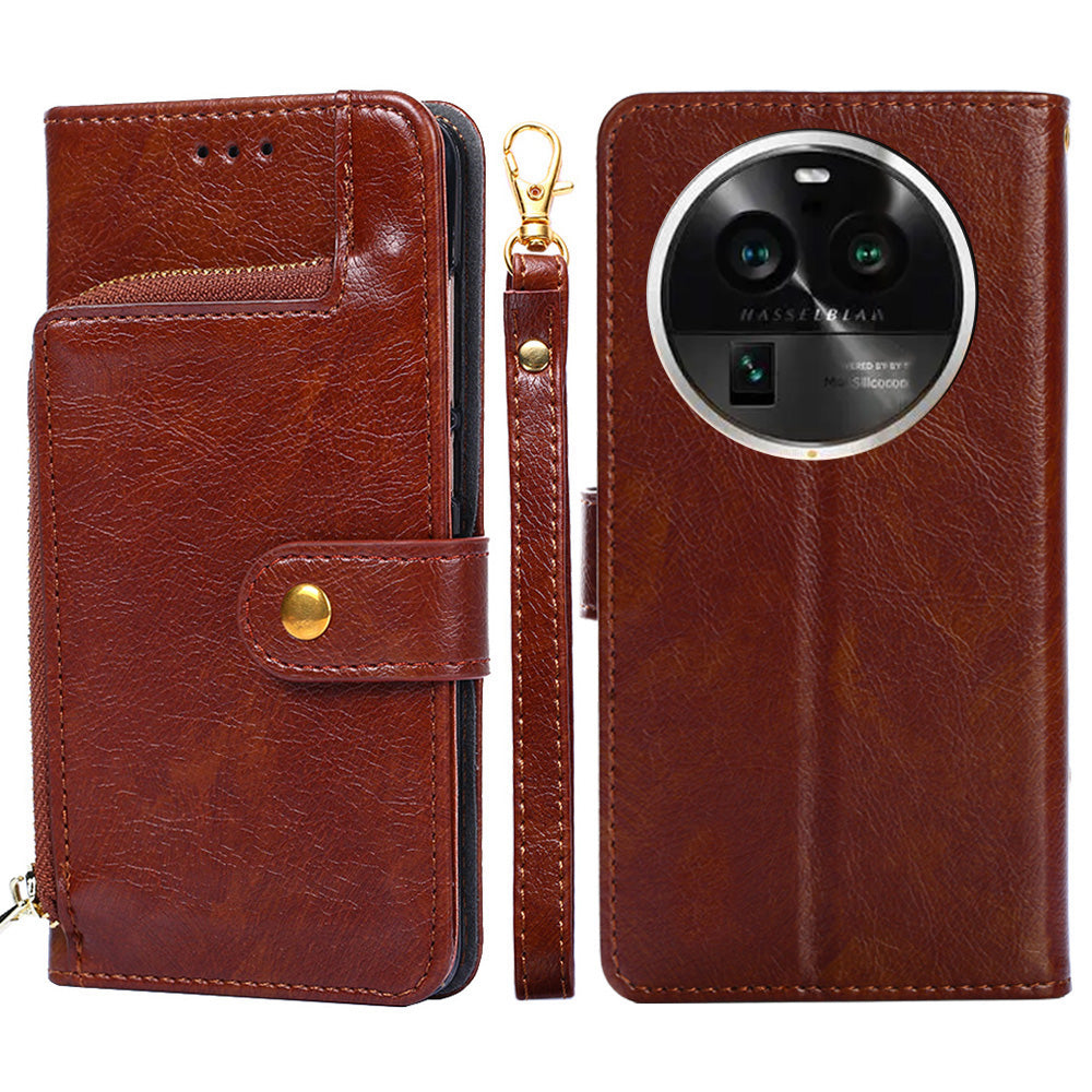 Wallet Case for Oppo Find X6 Pro Zipper Pocket PU Leather Horizontal Stand Phone Cover with Strap