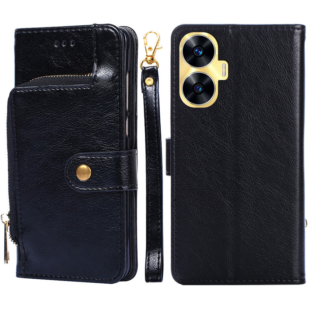 Wallet Case for Realme C55 Zipper Pocket PU Leather Phone Cover Drop-proof Stand Shell with Strap