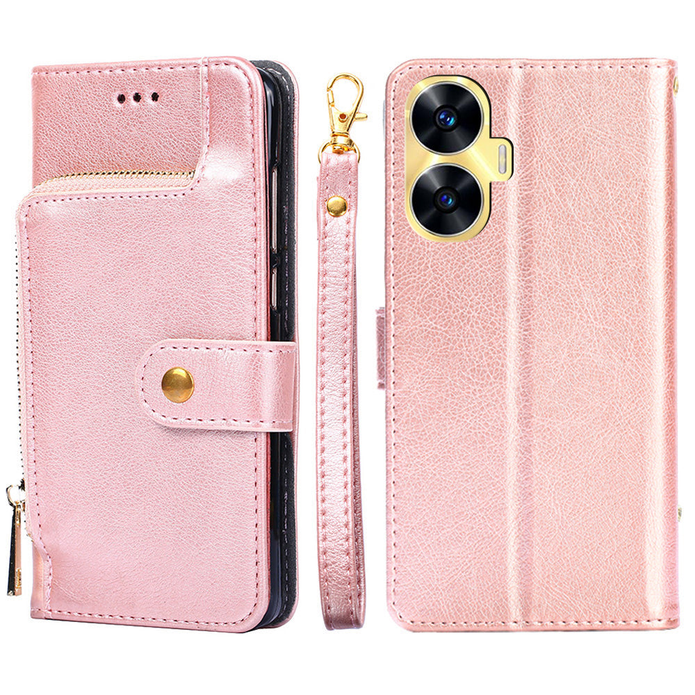 Wallet Case for Realme C55 Zipper Pocket PU Leather Phone Cover Drop-proof Stand Shell with Strap