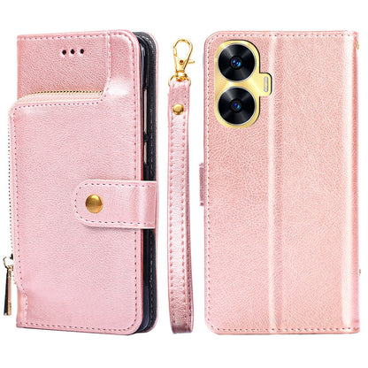 Wallet Case for Realme C55 Zipper Pocket PU Leather Phone Cover Drop-proof Stand Shell with Strap