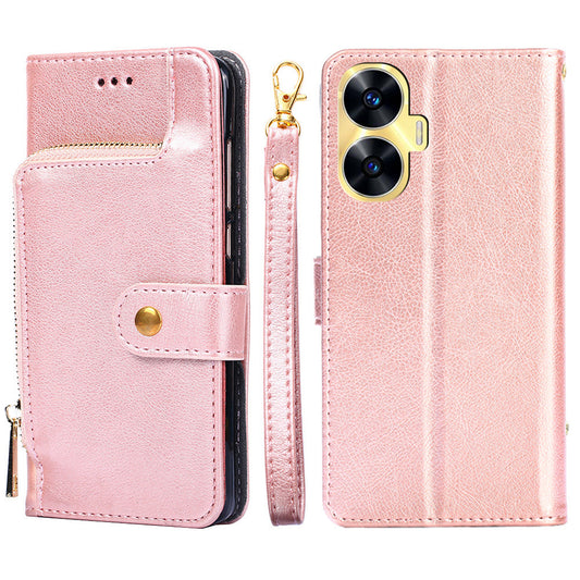 Wallet Case for Realme C55 Zipper Pocket PU Leather Phone Cover Drop-proof Stand Shell with Strap