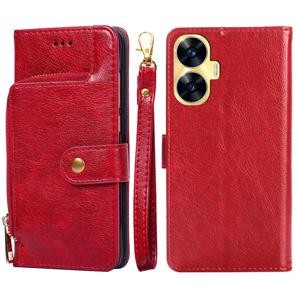 Wallet Case for Realme C55 Zipper Pocket PU Leather Phone Cover Drop-proof Stand Shell with Strap