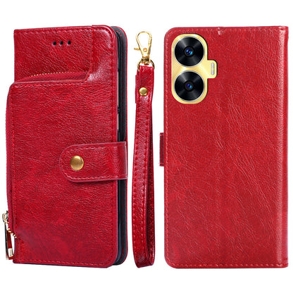 Wallet Case for Realme C55 Zipper Pocket PU Leather Phone Cover Drop-proof Stand Shell with Strap