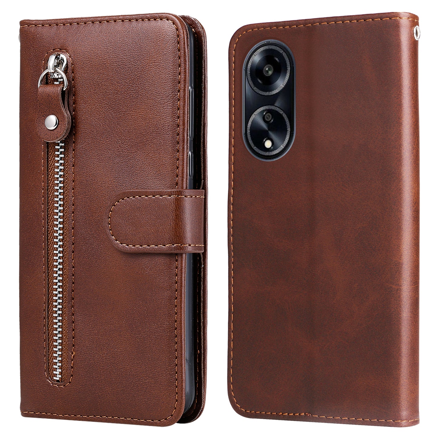 Leather Phone Case for Oppo A1 5G / A98 5G / F23 5G , Calf Texture Zipper Pocket Stand Shell Drop-proof Wallet Cover