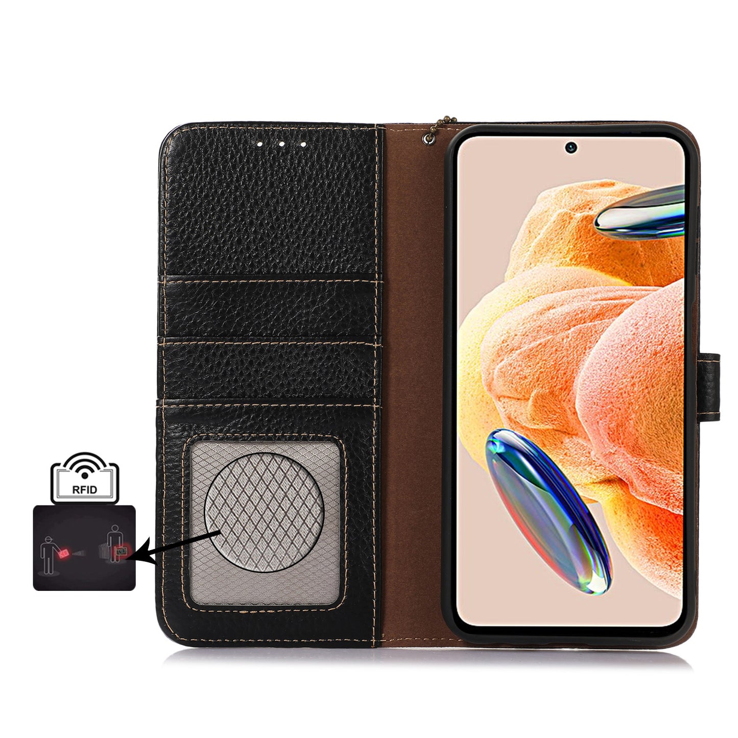 RFID Blocking Phone Case for Xiaomi 13 Ultra , Genuine Cow Leather Cover with Wallet Stand