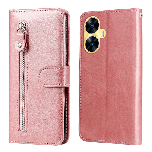 Zipper Pocket Leather Phone Case for Realme C55 , Calf Texture Stand Wallet Phone Cover