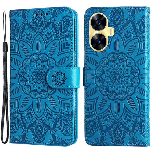 PU Leather Stand Wallet Phone Cover for Realme C55 Sunflower Imprinted Phone Case with Strap