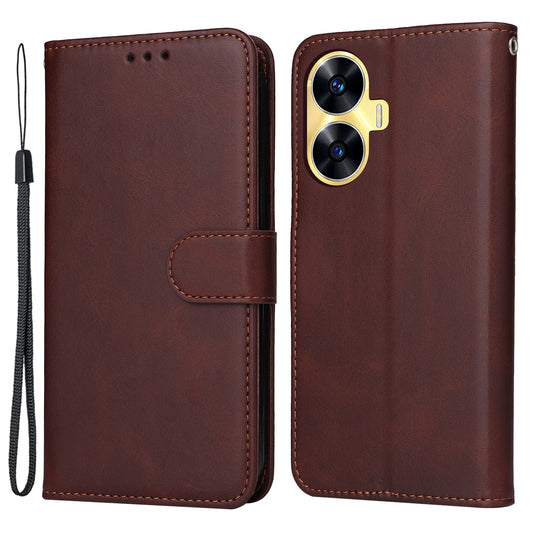 For Realme C55 Calf Texture Phone Leather Case Wallet Stand Cell Phone Cover with Strap