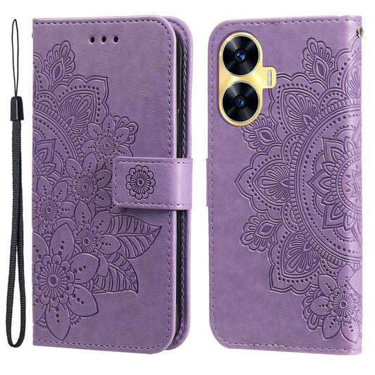 For Realme C55 PU Leather Wallet Stand Phone Cover Flower Imprinting Smartphone Case