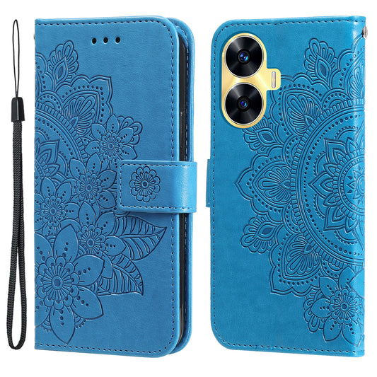 For Realme C55 PU Leather Wallet Stand Phone Cover Flower Imprinting Smartphone Case