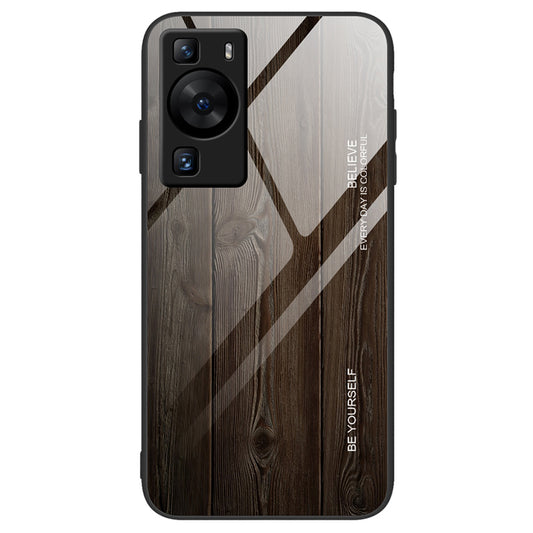 For Huawei P60 Wooden Pattern Phone Case Tempered Glass + TPU Shock Protective Cover